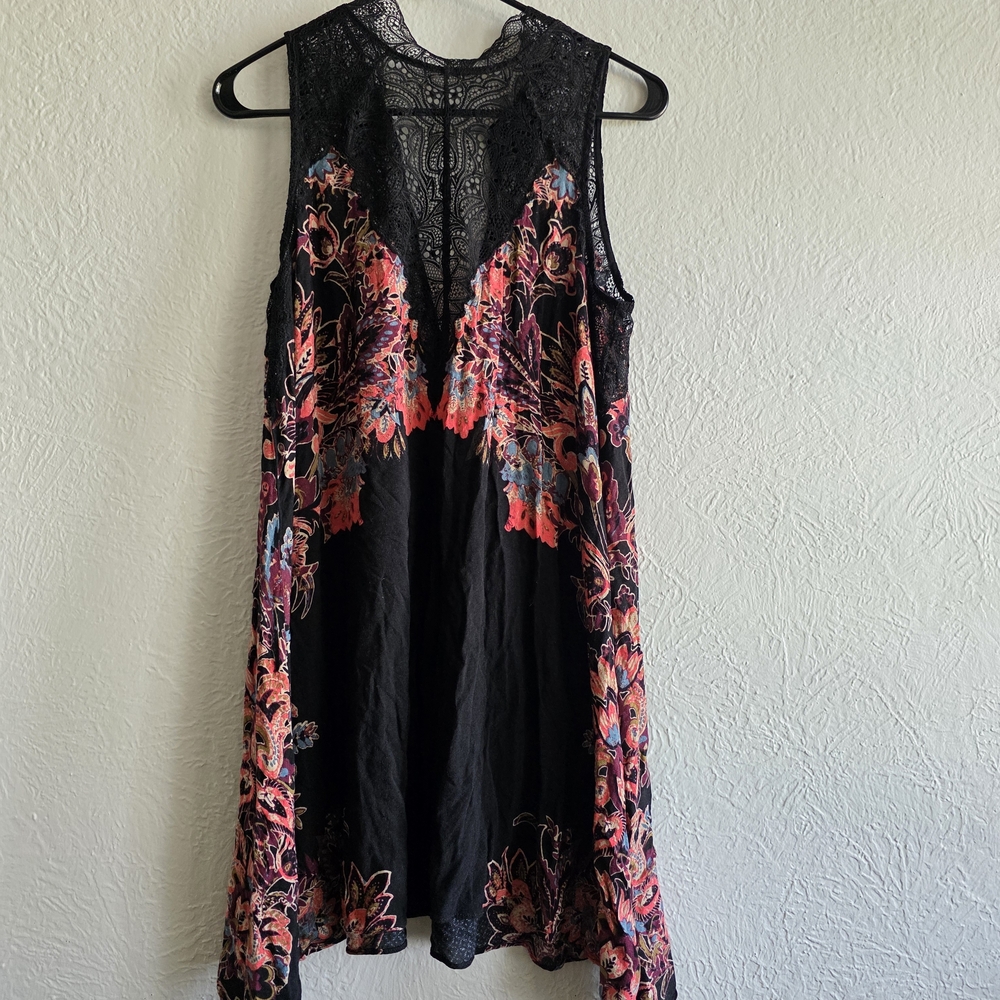 Free People Black Mini Dress with Pink & Coral Floral Embroidery